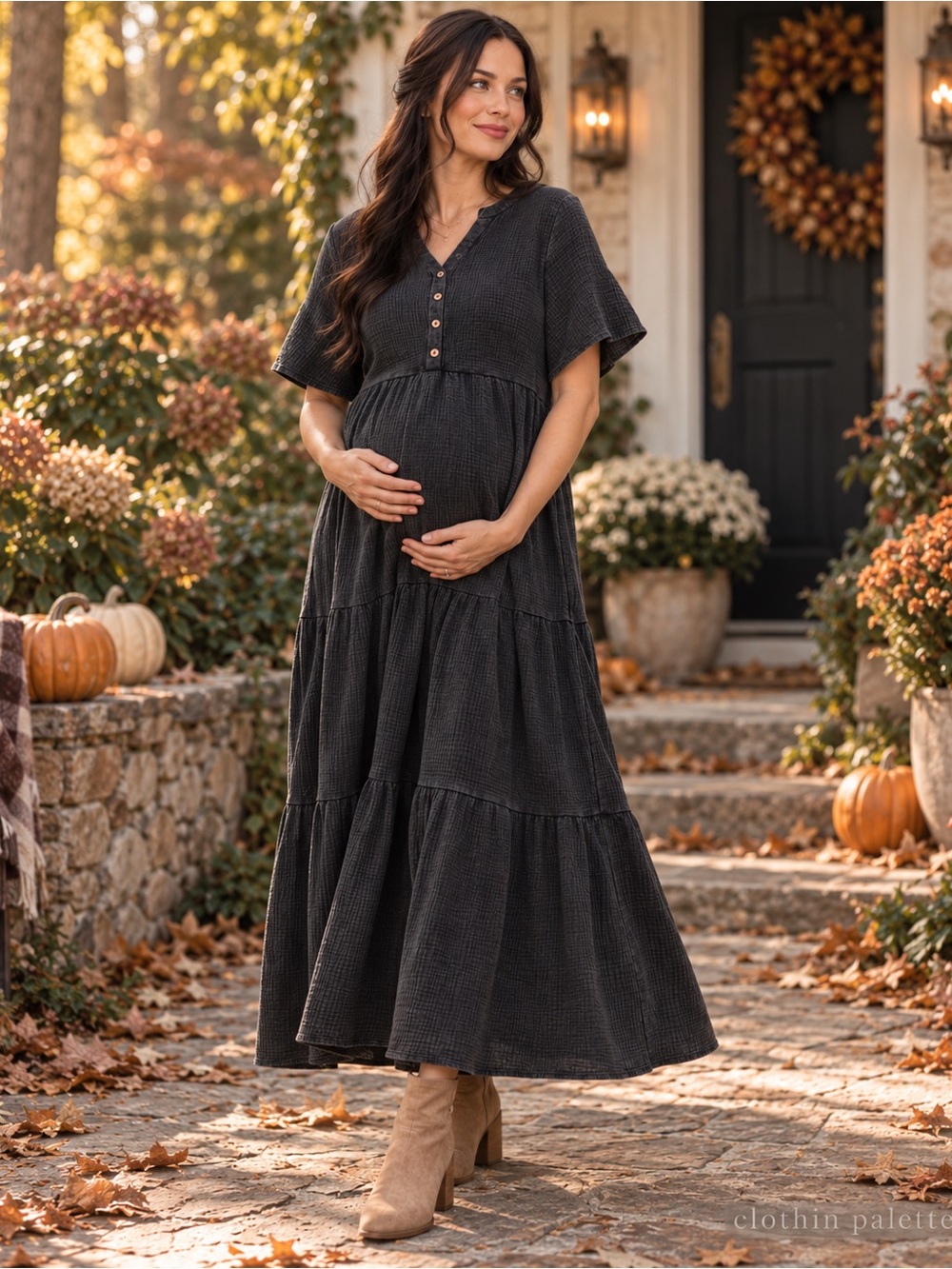 NWOT PinkBlush Tea n Rose Black Button Front Tiered Maternity Maxi Dress M